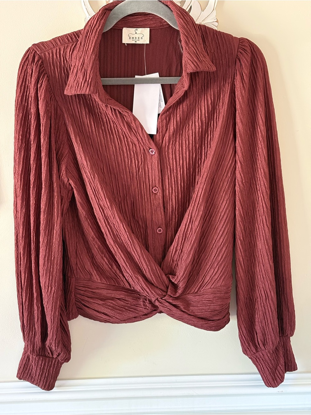 EMBER Textured Twist-Front Button Down Shirt in Rust